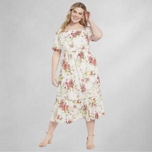 Lane Bryant Floral Off The Puff Shoulder Dress 22 Long Midi Plus Size